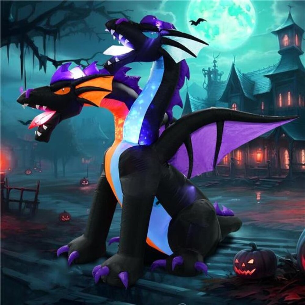 7FT Tall Halloween Inflatables Dragon with 2 Heads, Fire and Ice Blow Up